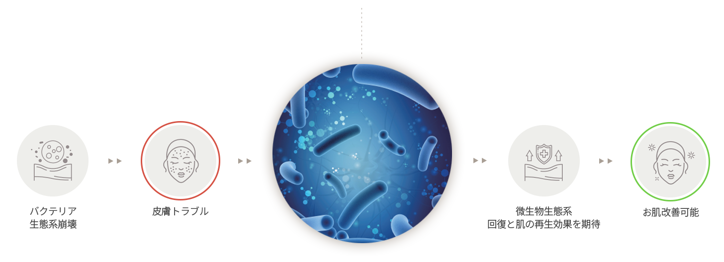 バクテリア 生態系崩壊, 皮膚トラブル, 微生物生態系 回復と肌の再生効果を期待, お肌改善可能